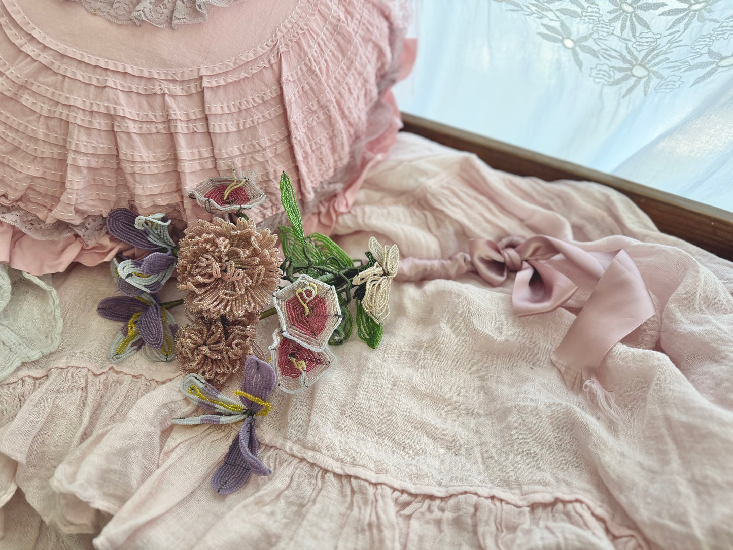 XL Antique French Beaded Pink Lavender Flower Bouquet