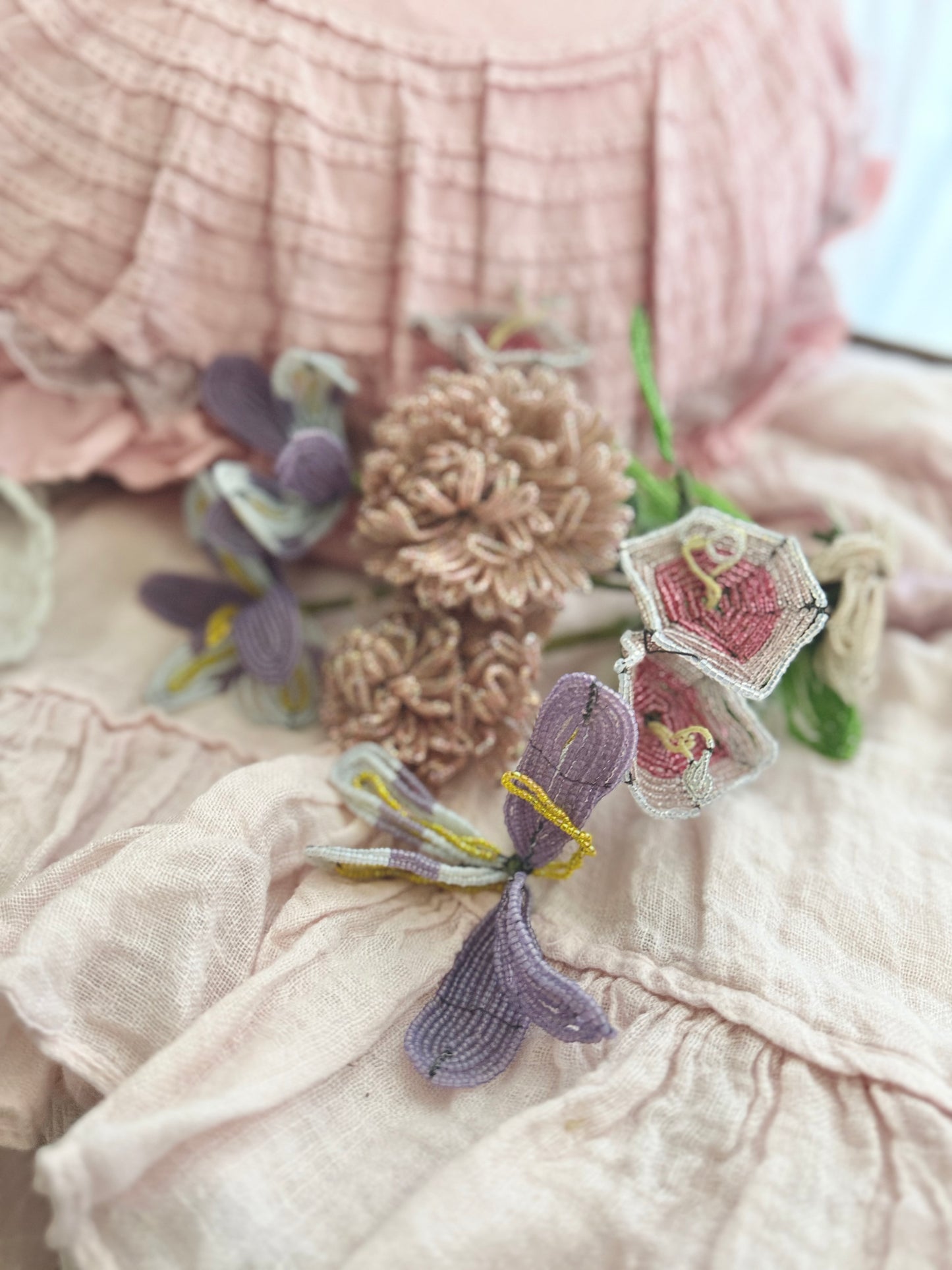 XL Antique French Beaded Pink Lavender Flower Bouquet