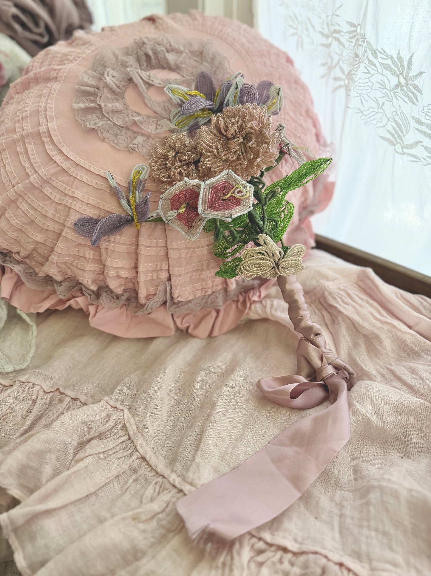 XL Antique French Beaded Pink Lavender Flower Bouquet