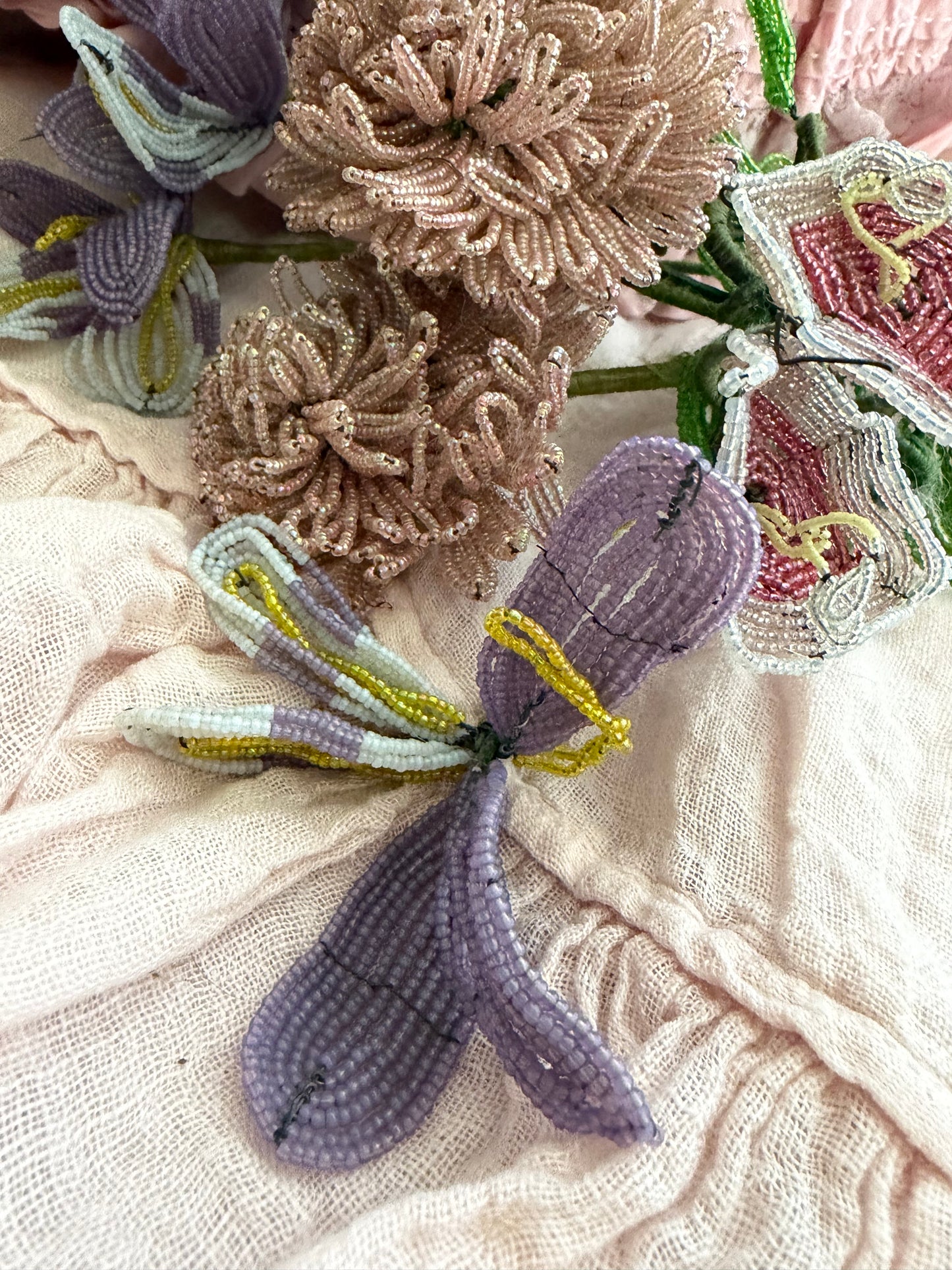 XL Antique French Beaded Pink Lavender Flower Bouquet