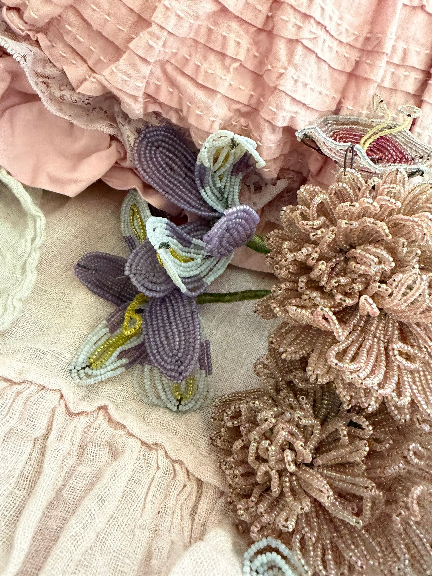 XL Antique French Beaded Pink Lavender Flower Bouquet