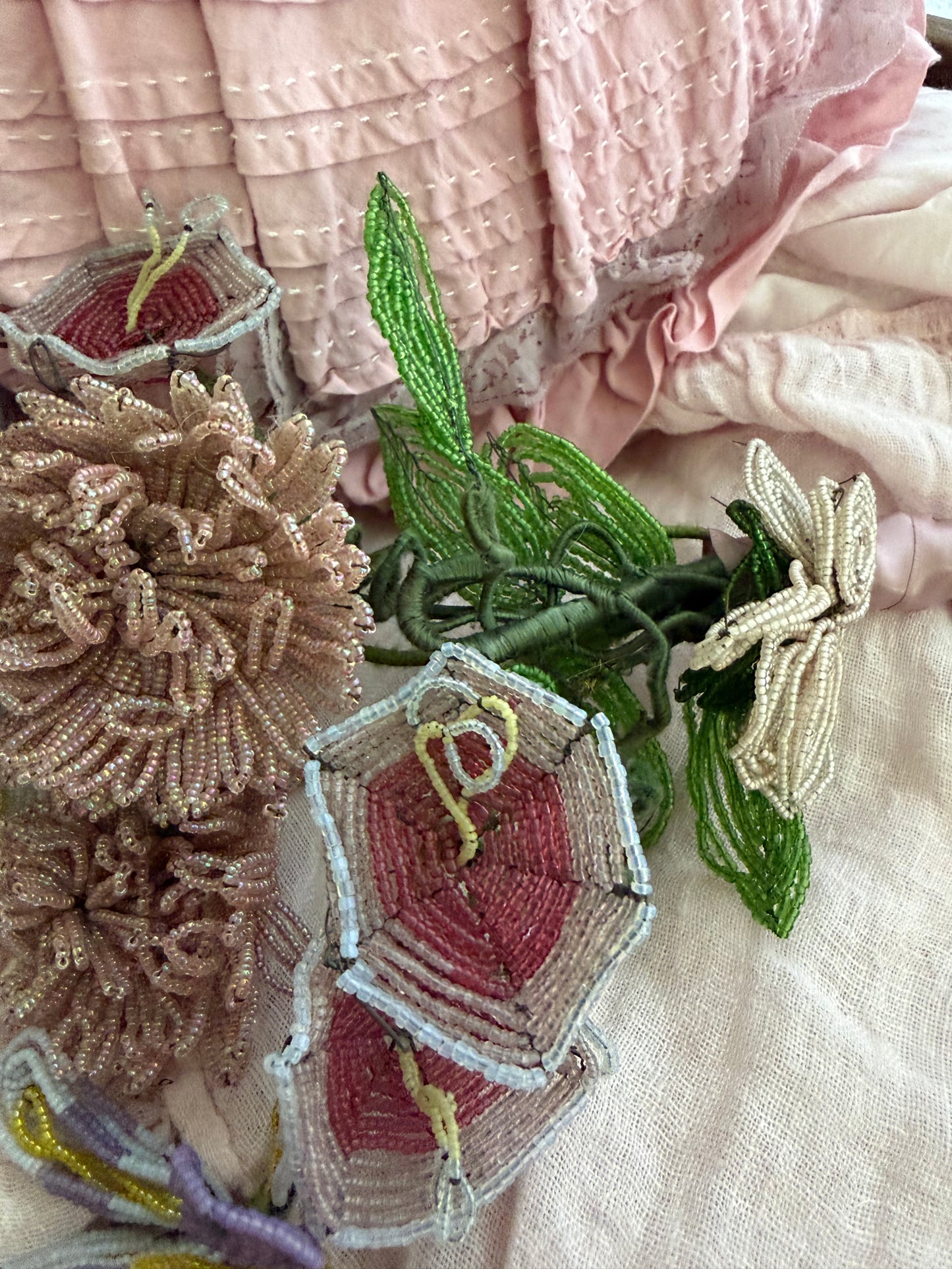 XL Antique French Beaded Pink Lavender Flower Bouquet