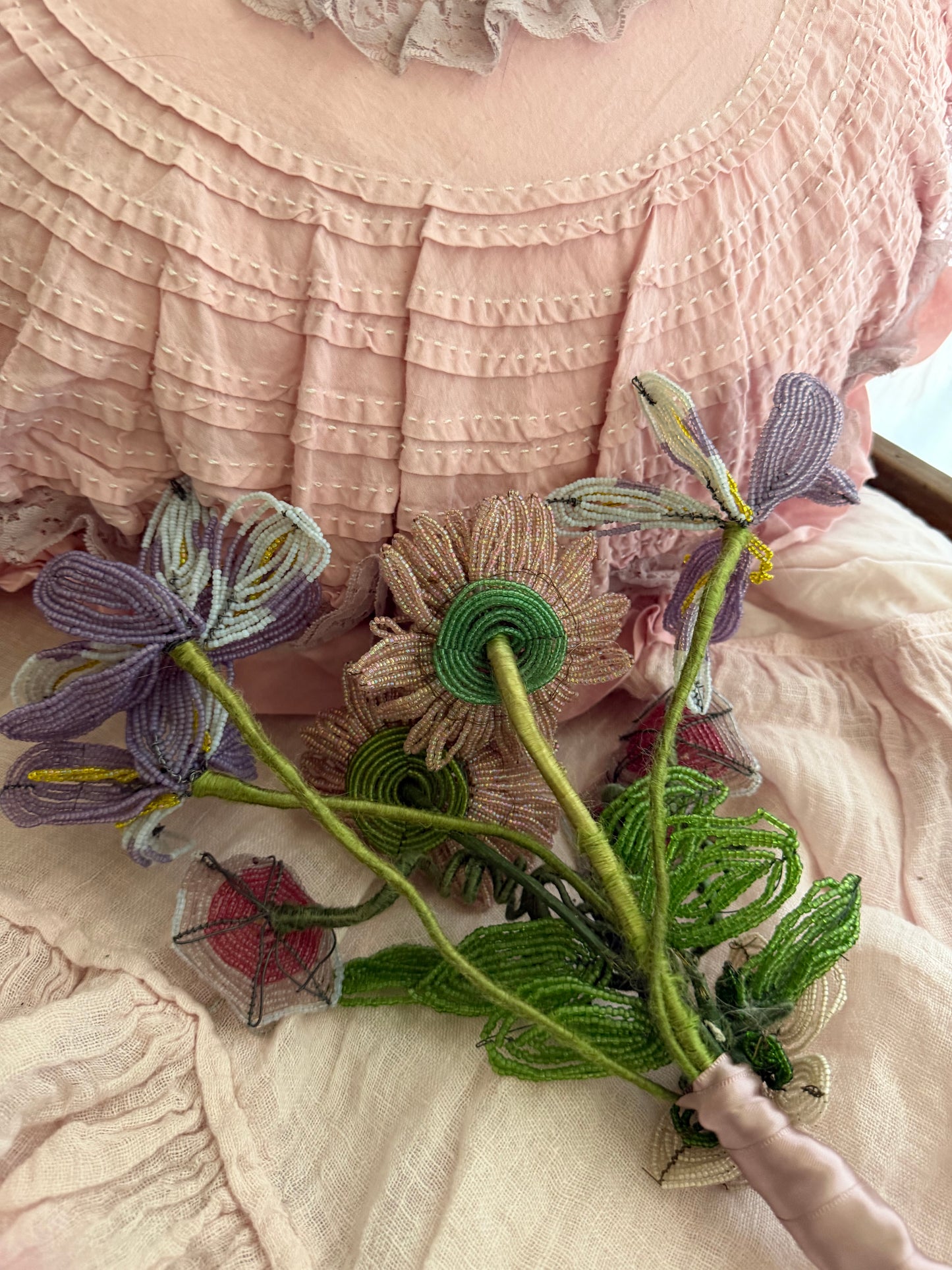 XL Antique French Beaded Pink Lavender Flower Bouquet