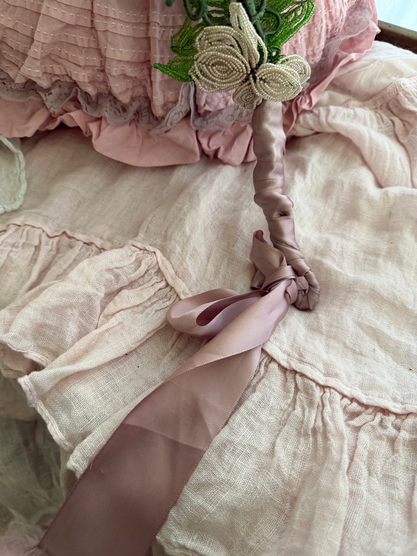 XL Antique French Beaded Pink Lavender Flower Bouquet