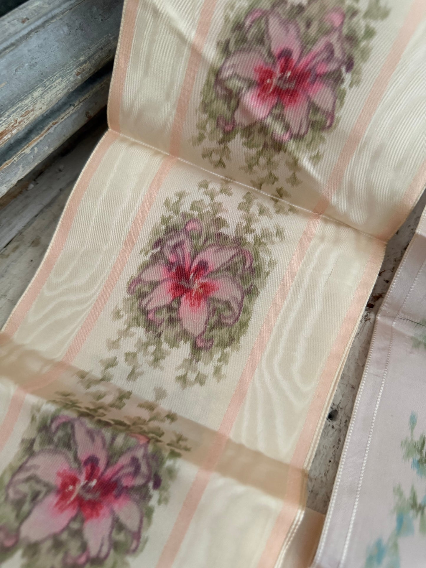 Antique French Watered Silk Ribbon Pink Floral Yardage