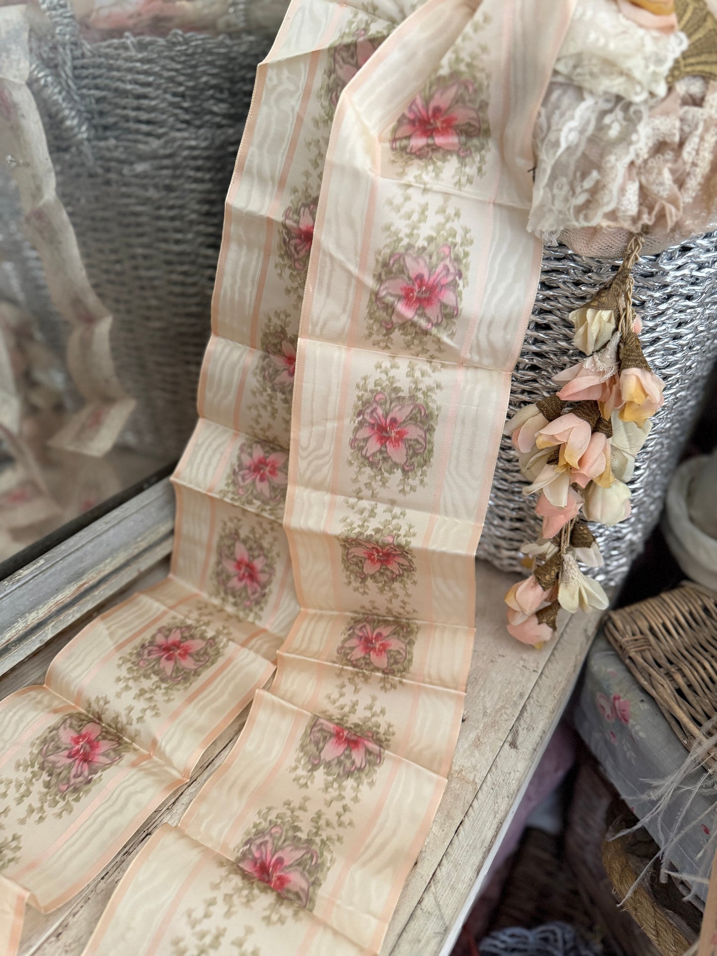 Antique French Watered Silk Ribbon Pink Floral Yardage
