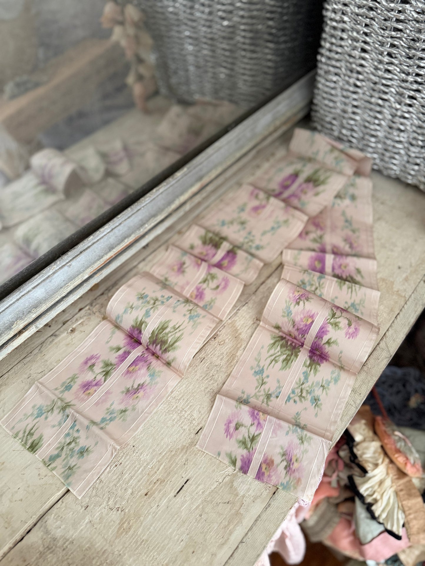Antique French Silk Ribbon Purple Floral