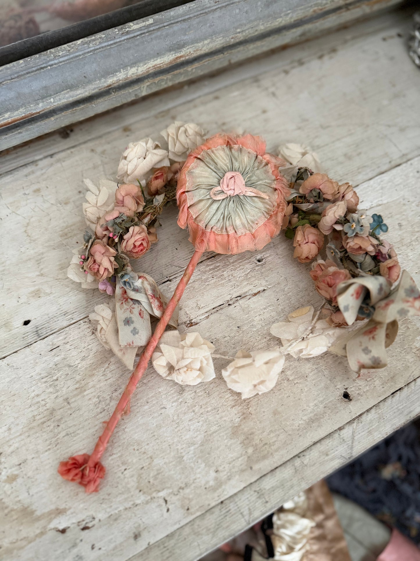 Antique Silk Ribbonwork Powder Puff Wand