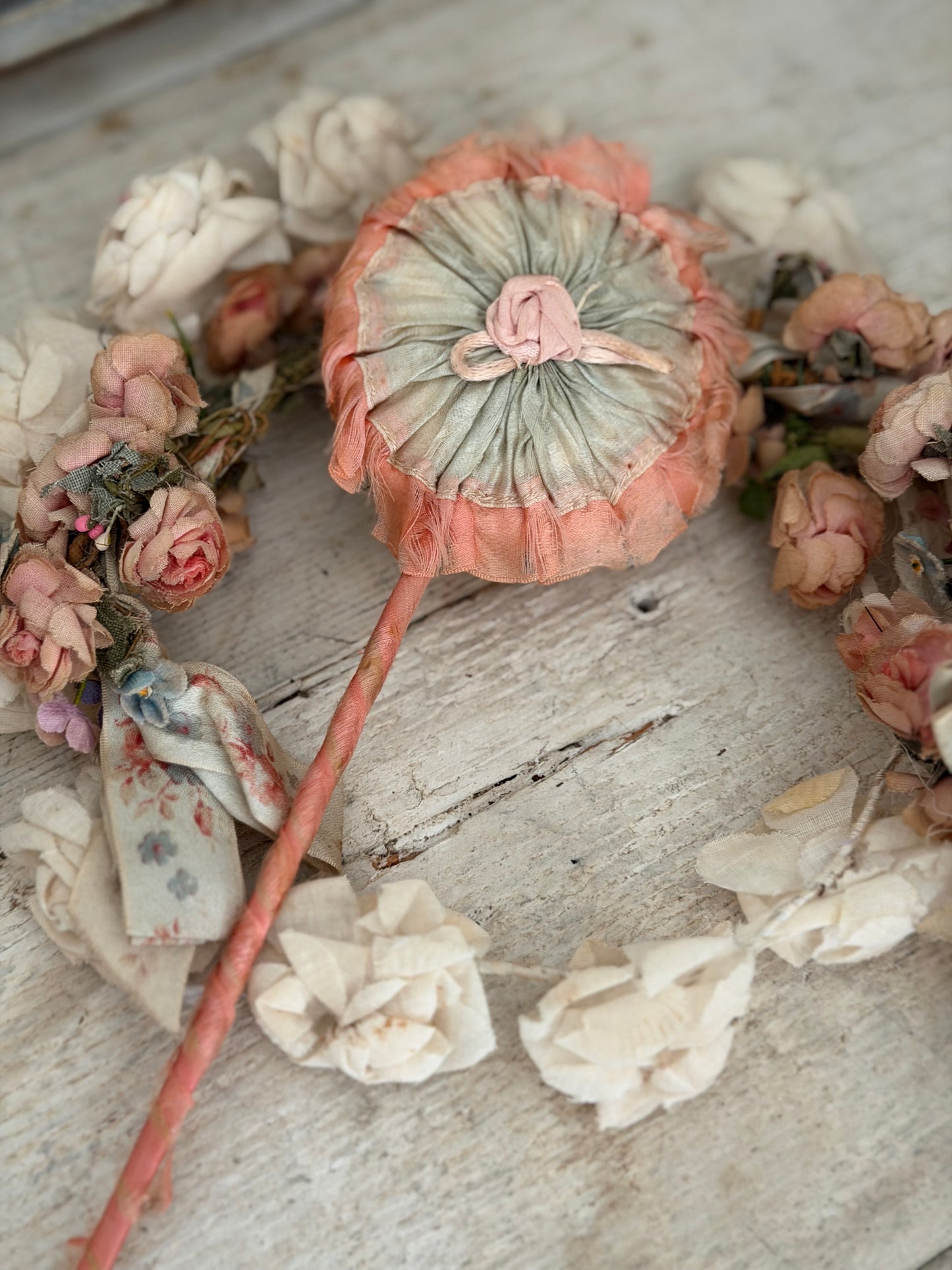 Antique Silk Ribbonwork Powder Puff Wand