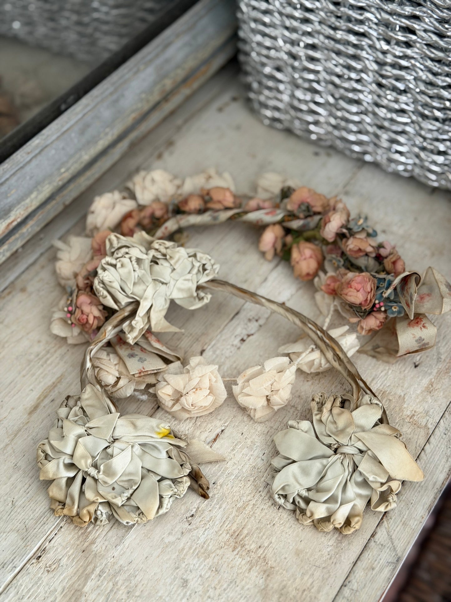 Antique Pale Green Silk Ribbon Headband Headpiece
