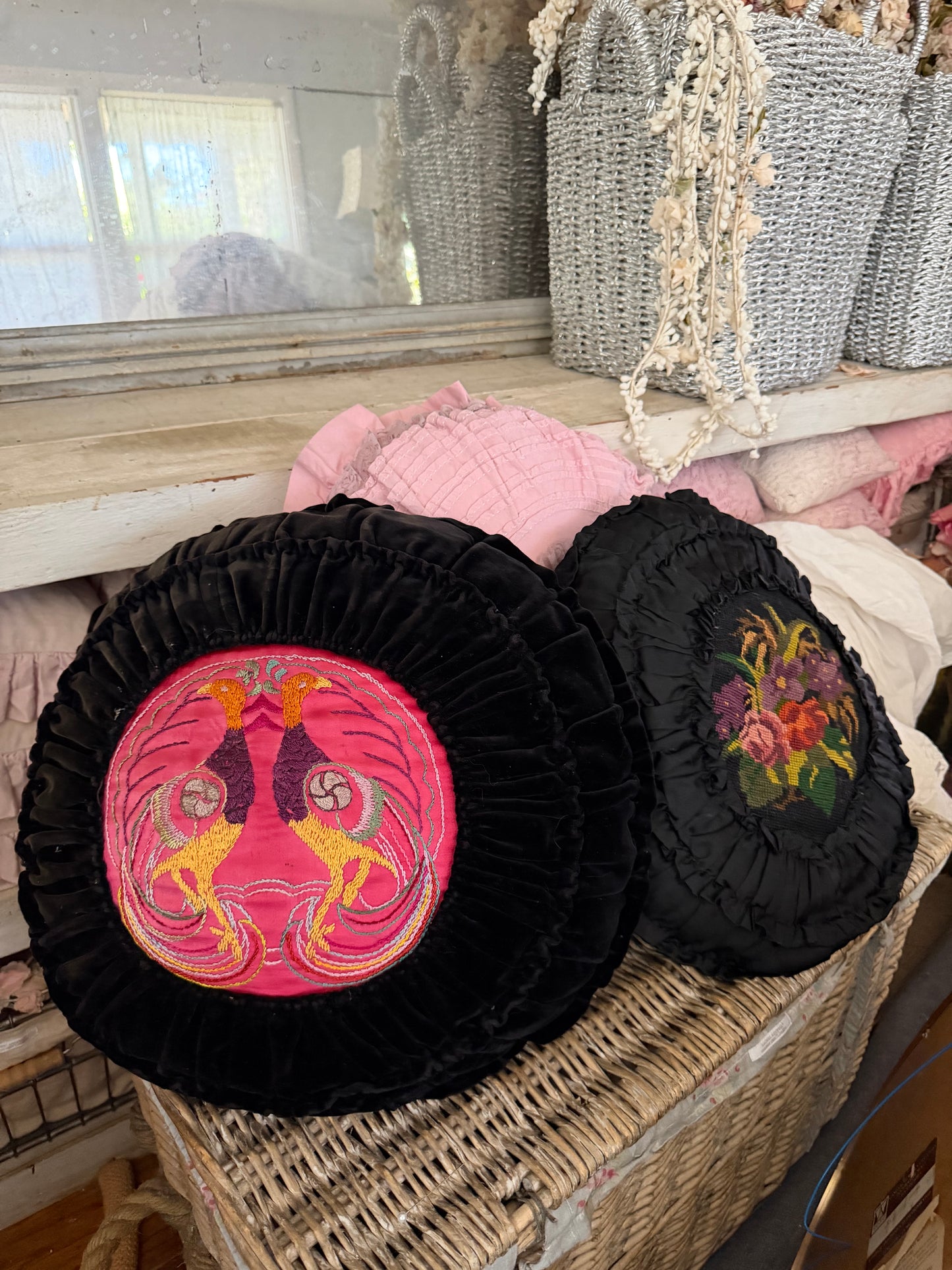 Pair Vintage Black Velvet Satin Ruched Needlepoint Embroidered Pillow