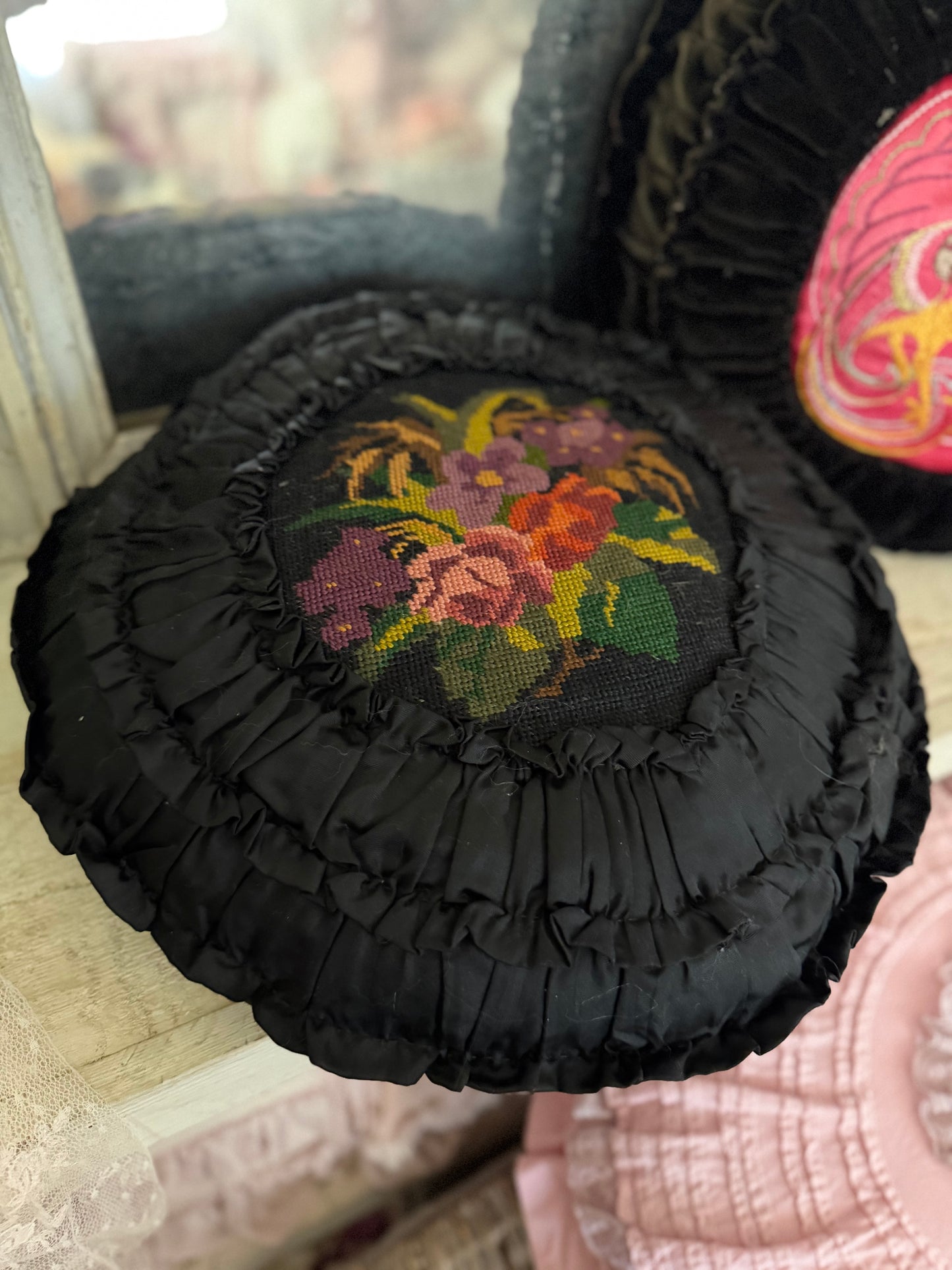 Pair Vintage Black Velvet Satin Ruched Needlepoint Embroidered Pillow