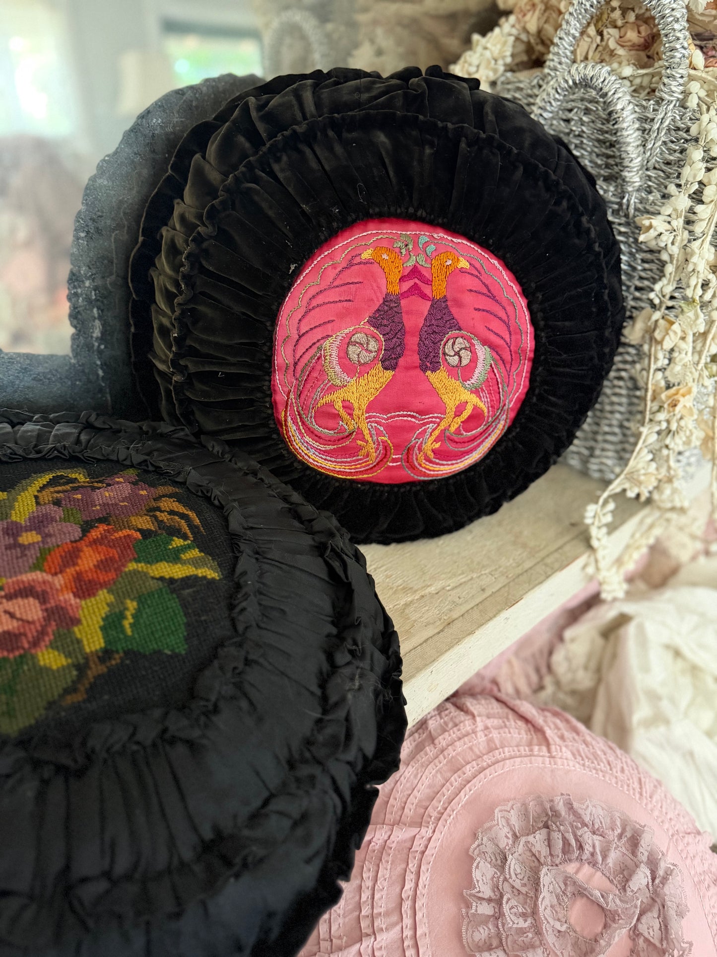 Pair Vintage Black Velvet Satin Ruched Needlepoint Embroidered Pillow