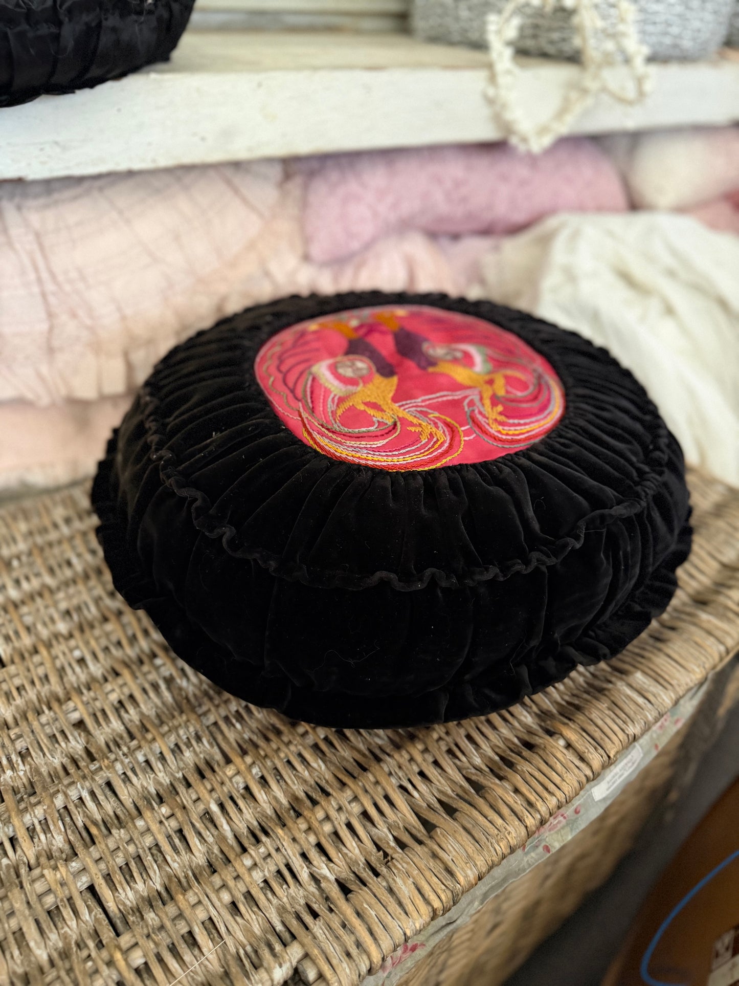 Pair Vintage Black Velvet Satin Ruched Needlepoint Embroidered Pillow