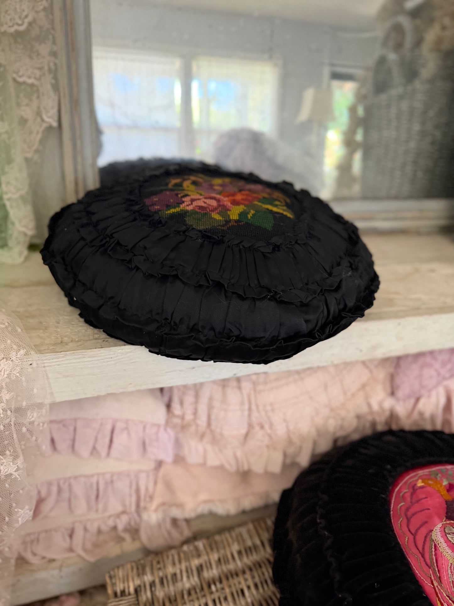 Pair Vintage Black Velvet Satin Ruched Needlepoint Embroidered Pillow