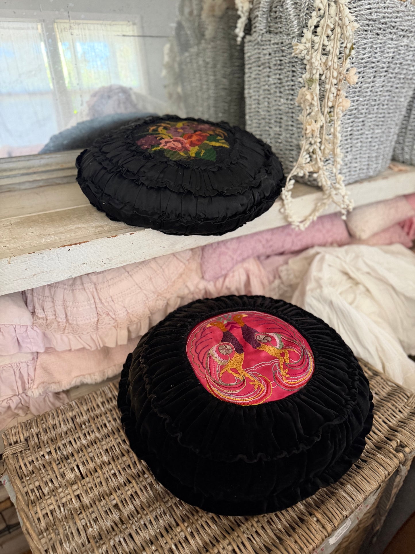Pair Vintage Black Velvet Satin Ruched Needlepoint Embroidered Pillow