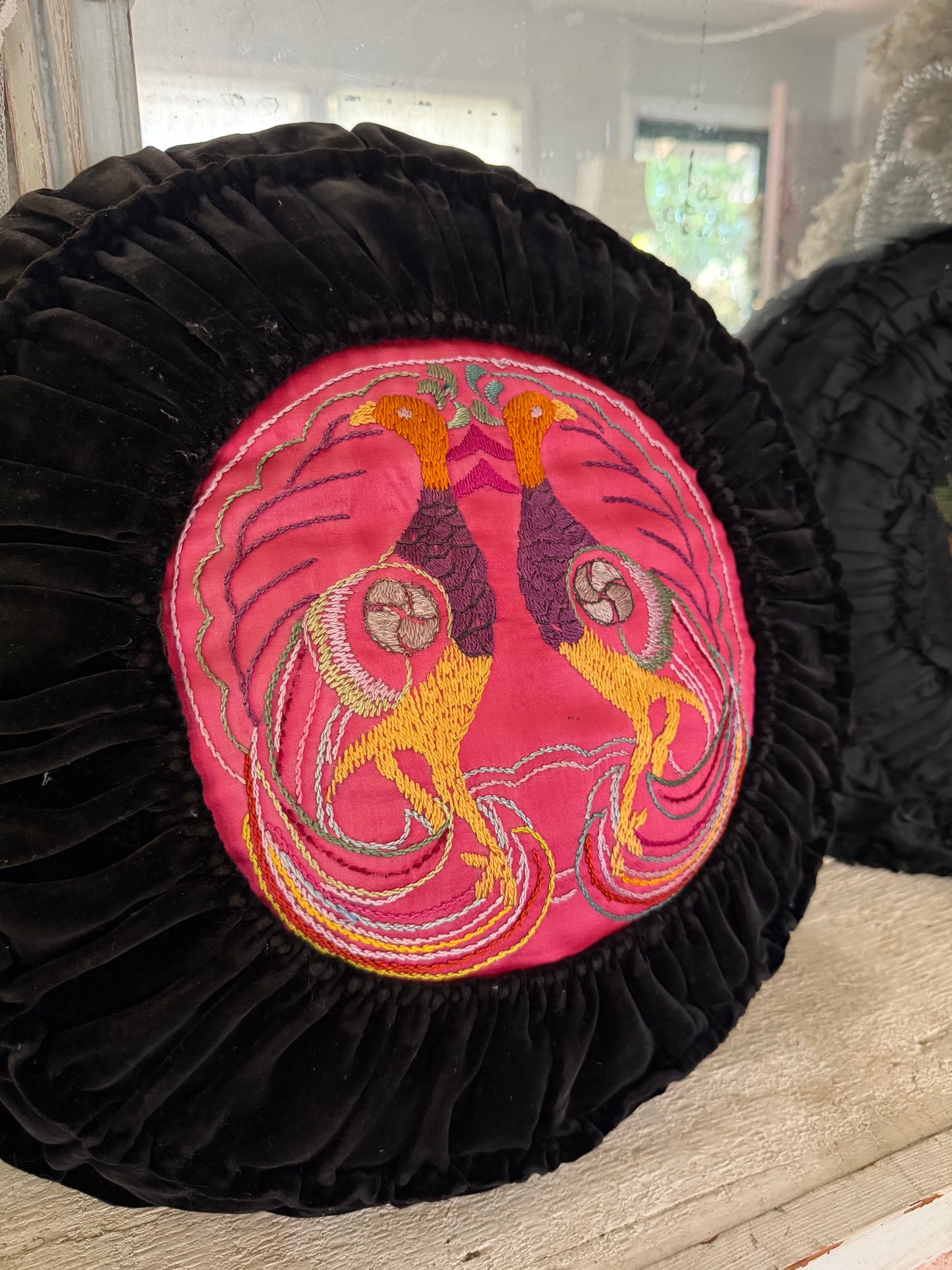 Pair Vintage Black Velvet Satin Ruched Needlepoint Embroidered Pillow