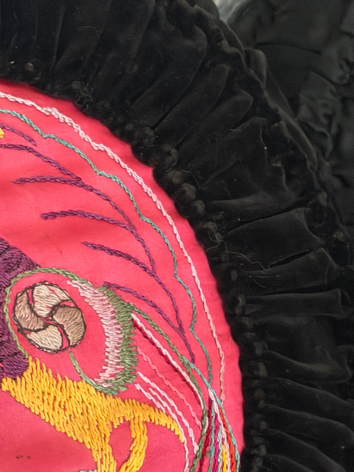 Pair Vintage Black Velvet Satin Ruched Needlepoint Embroidered Pillow