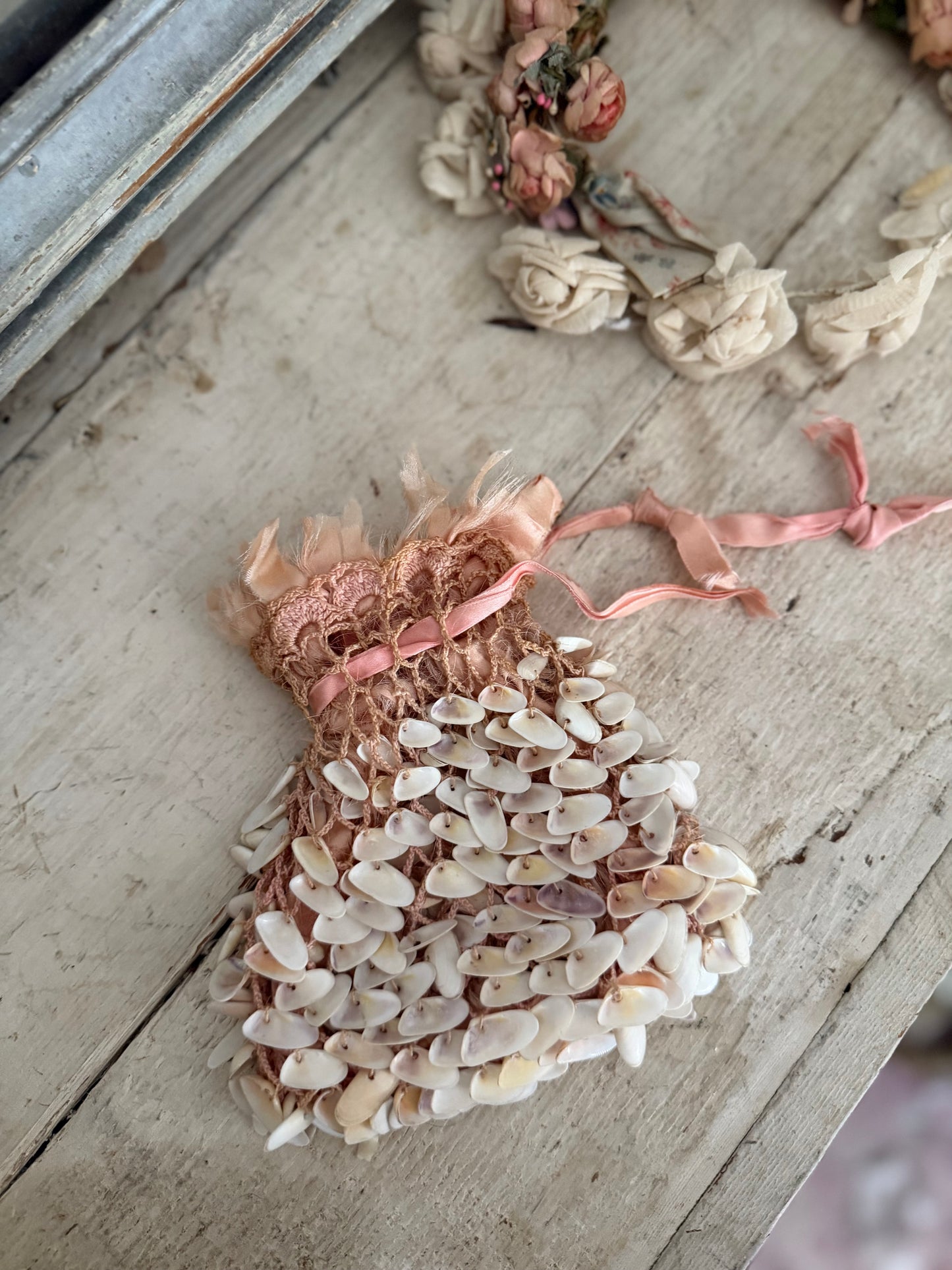 Antique Pink Silk Victorian Shell Bag
