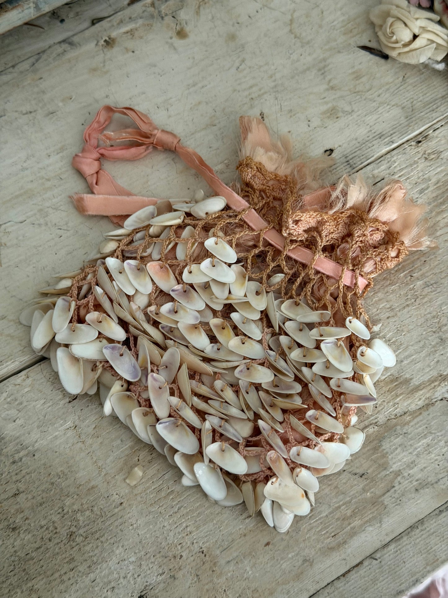 Antique Pink Silk Victorian Shell Bag
