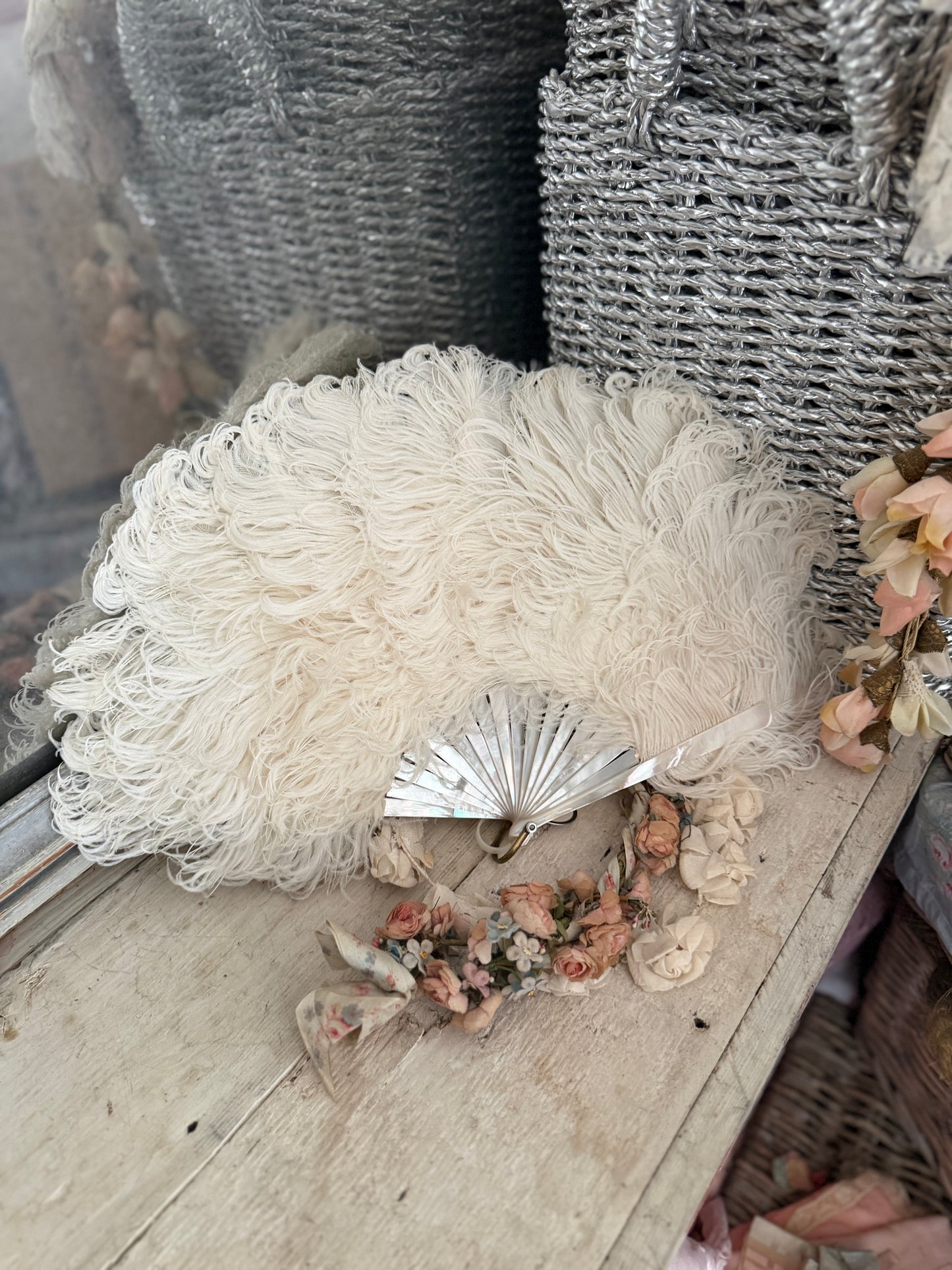 Antique Victorian White Feather Mother of Pearl Fan