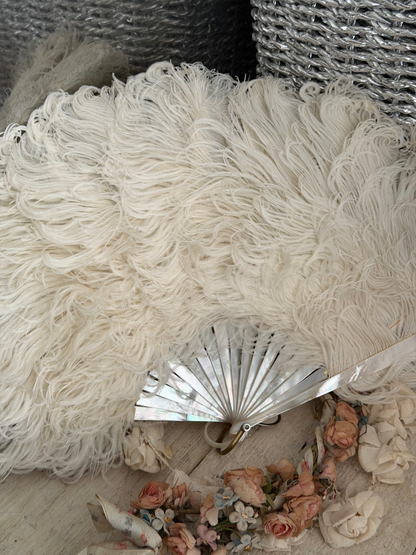 Antique Victorian White Feather Mother of Pearl Fan