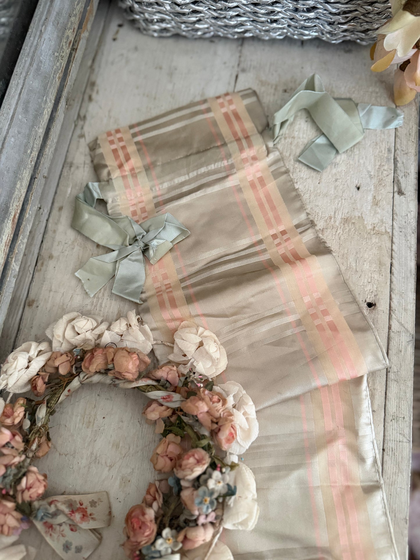 XL Antique French Blue Pink Plaid Silk Ribbon Bag Bows
