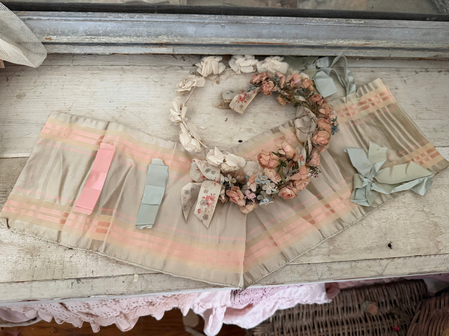 XL Antique French Blue Pink Plaid Silk Ribbon Bag Bows