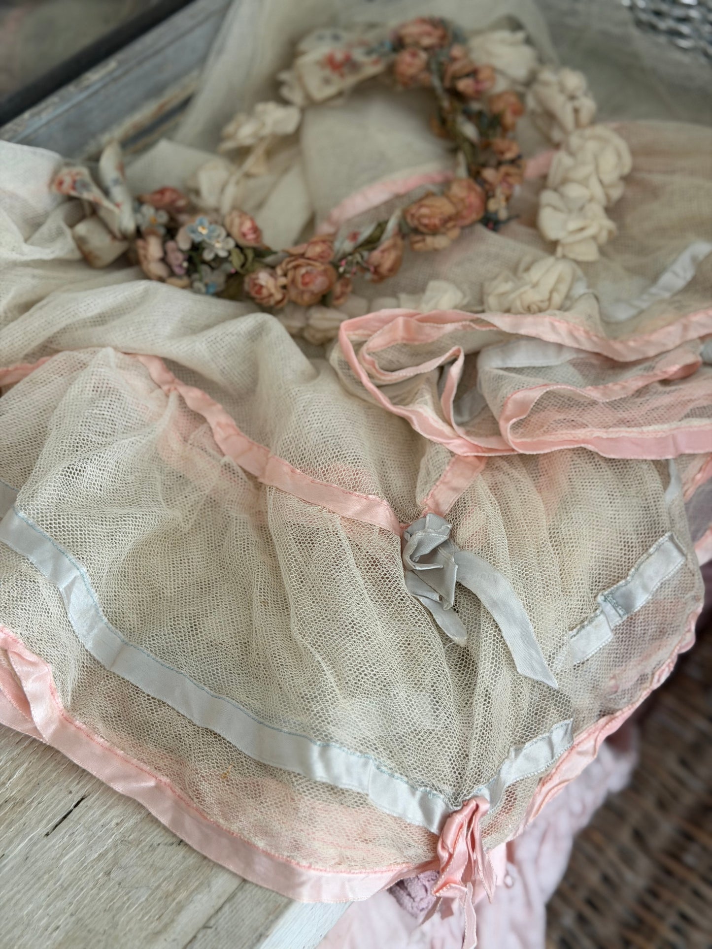 Antique Pink Blue Ribbon Lace Baby Crib Blanket