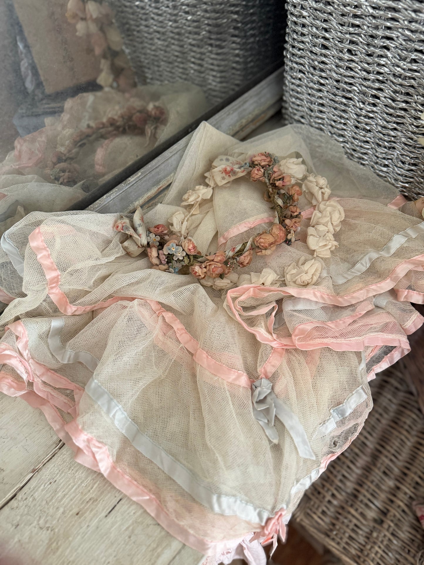 Antique Pink Blue Ribbon Lace Baby Crib Blanket