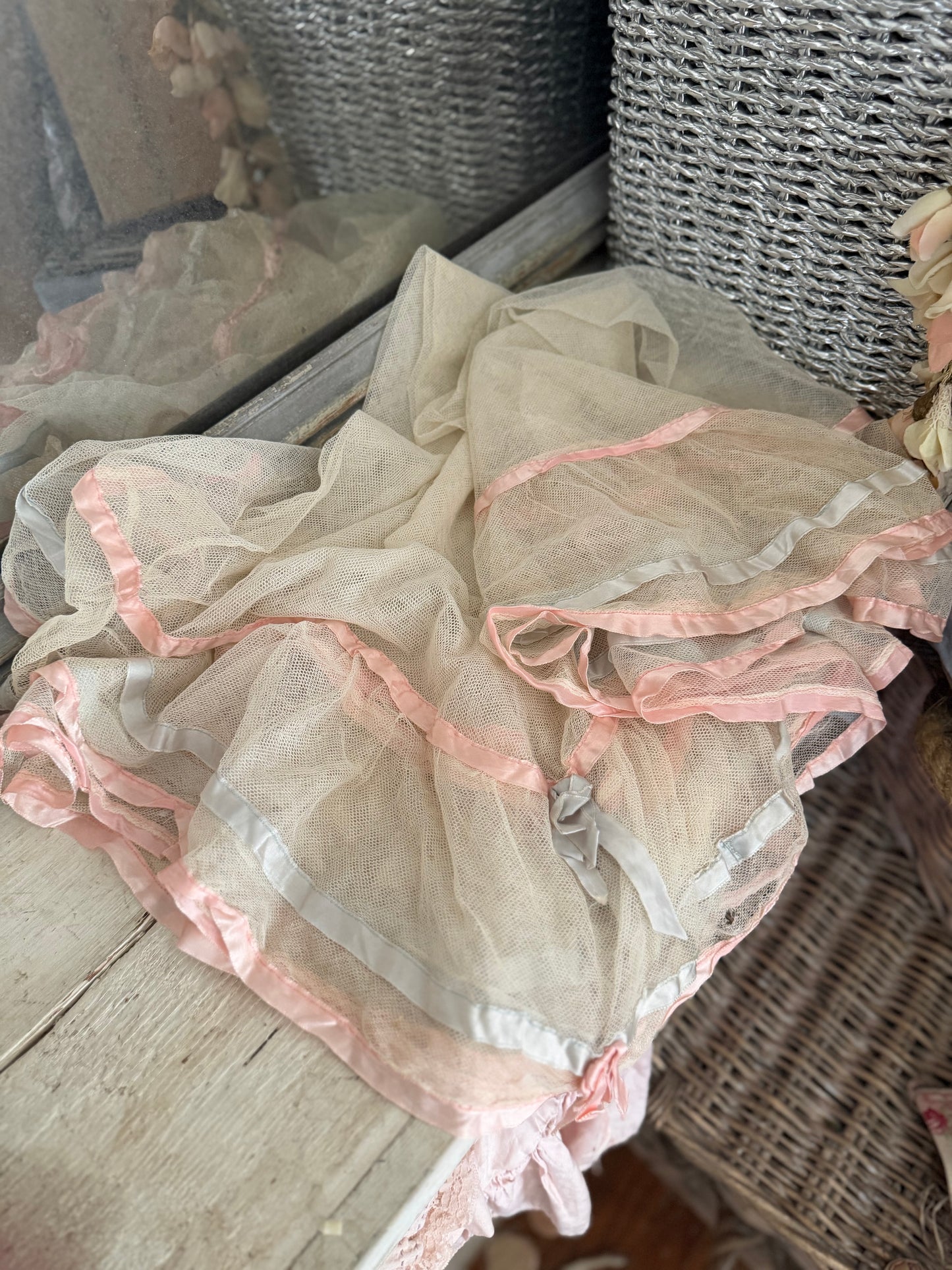 Antique Pink Blue Ribbon Lace Baby Crib Blanket