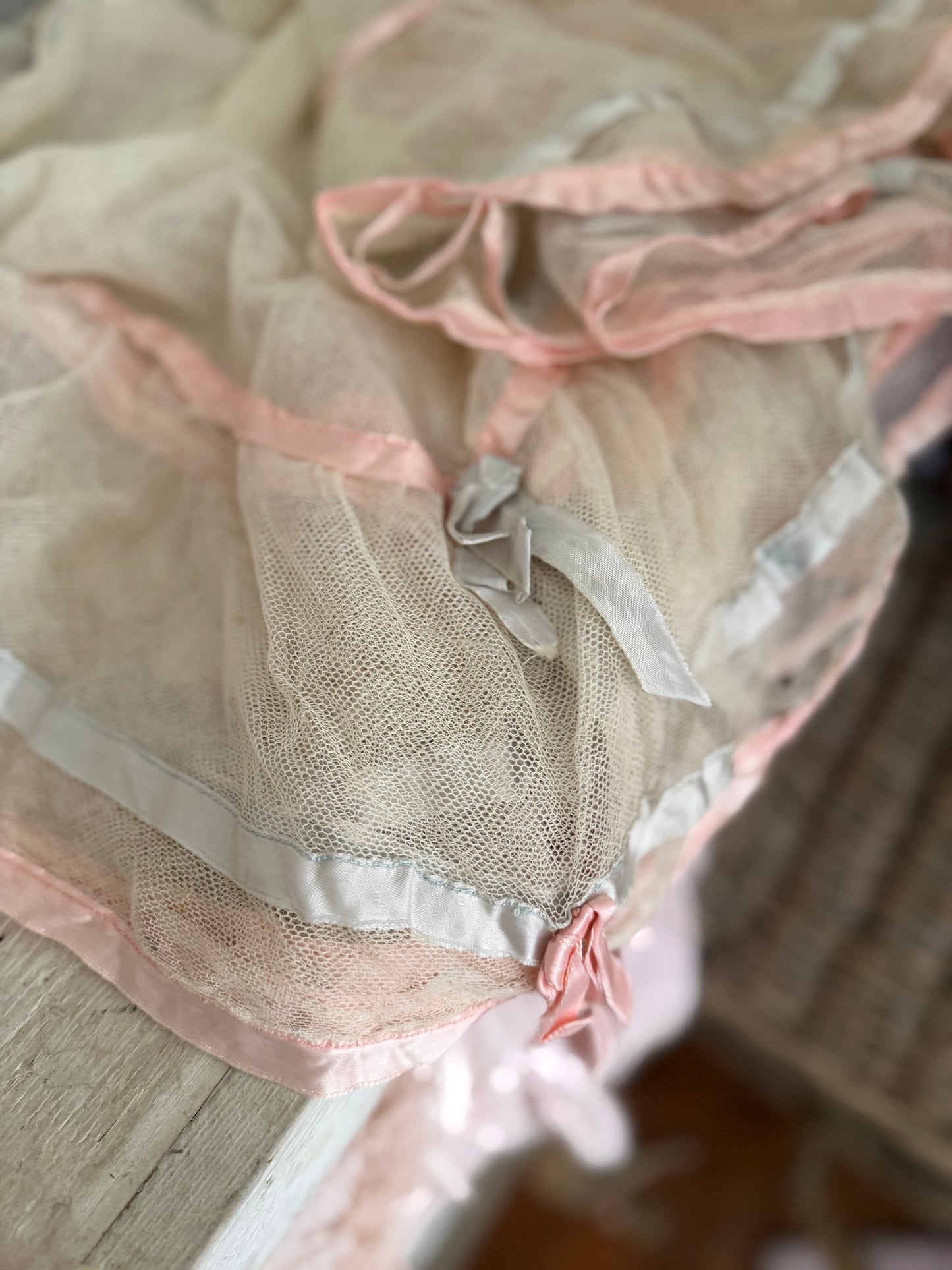 Antique Pink Blue Ribbon Lace Baby Crib Blanket