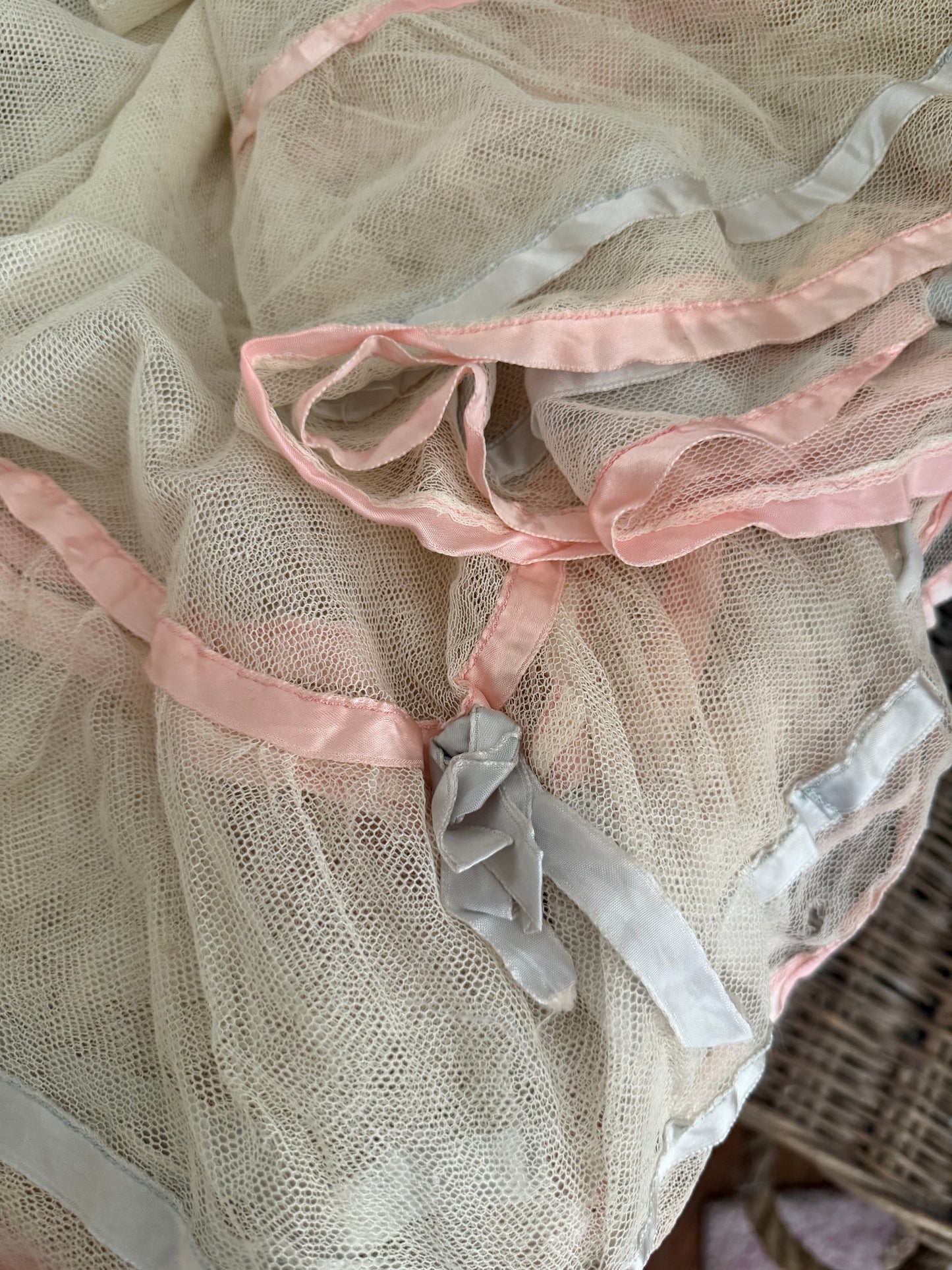 Antique Pink Blue Ribbon Lace Baby Crib Blanket