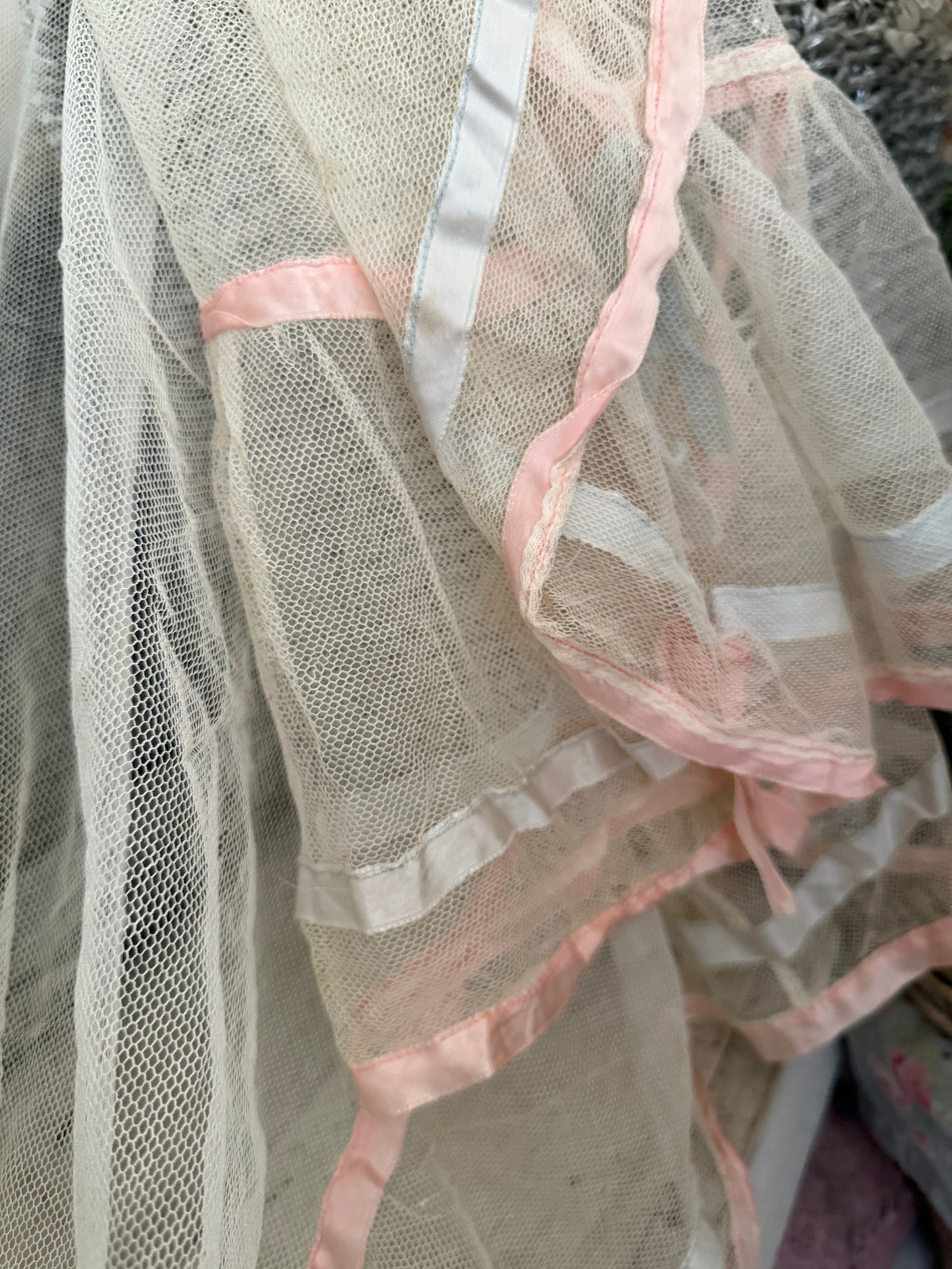 Antique Pink Blue Ribbon Lace Baby Crib Blanket
