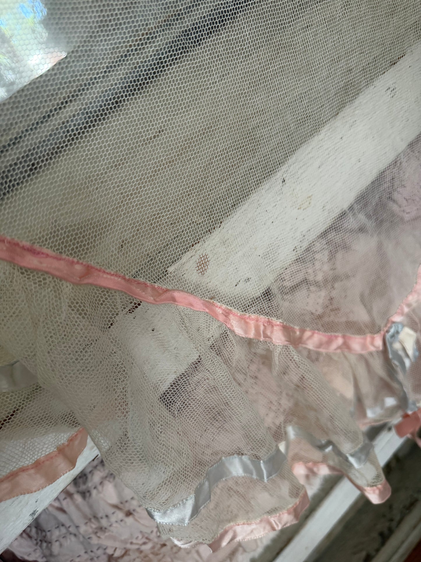 Antique Pink Blue Ribbon Lace Baby Crib Blanket