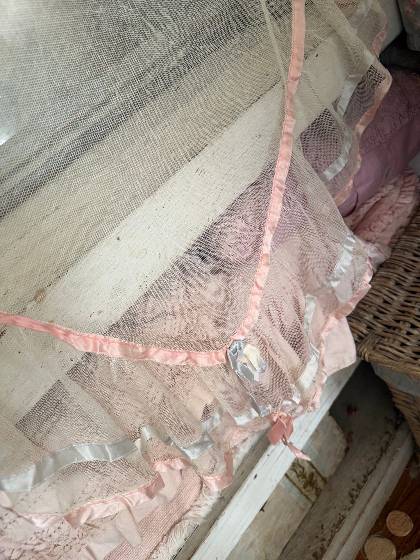 Antique Pink Blue Ribbon Lace Baby Crib Blanket