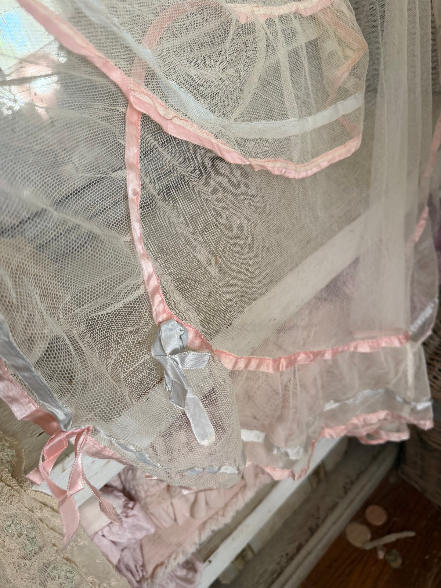 Antique Pink Blue Ribbon Lace Baby Crib Blanket