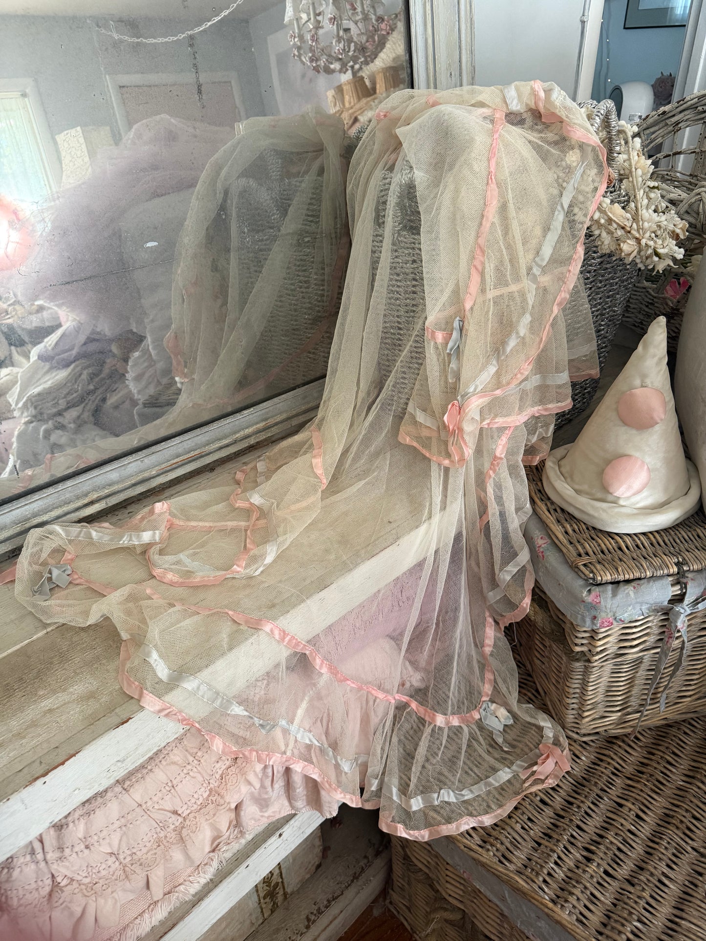 Antique Pink Blue Ribbon Lace Baby Crib Blanket