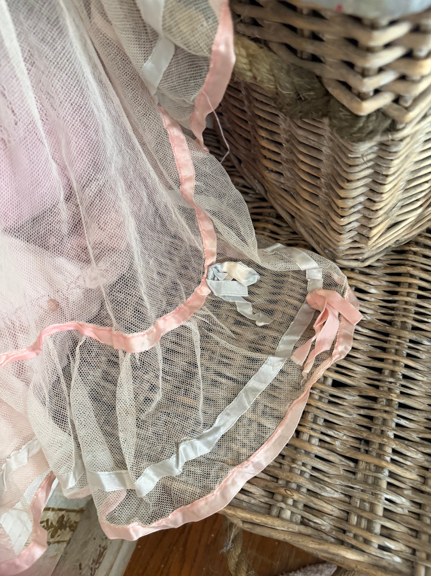 Antique Pink Blue Ribbon Lace Baby Crib Blanket