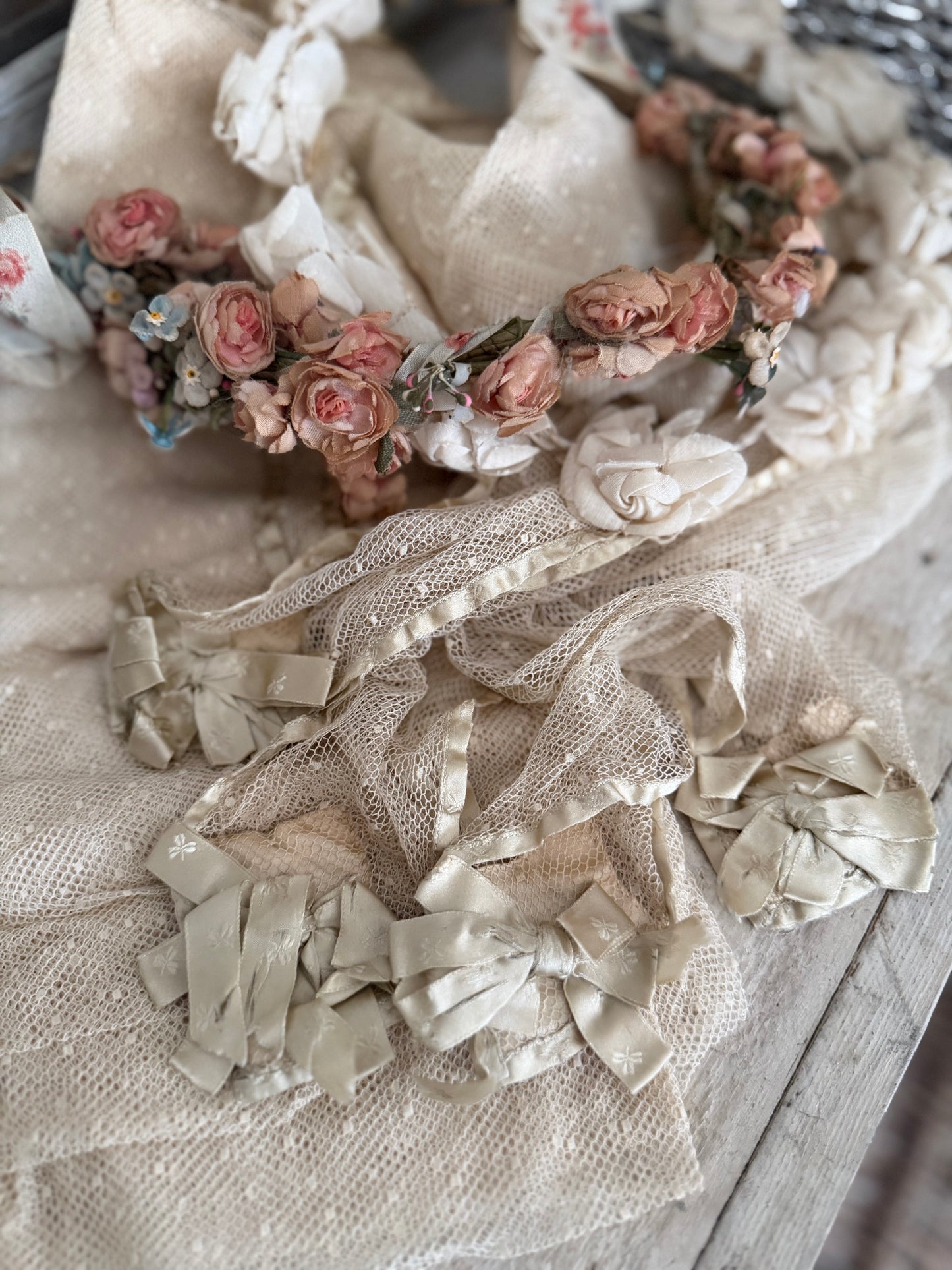 Antique Ice Green Silk Ribbon Bows Lace Baby Crib Blanket