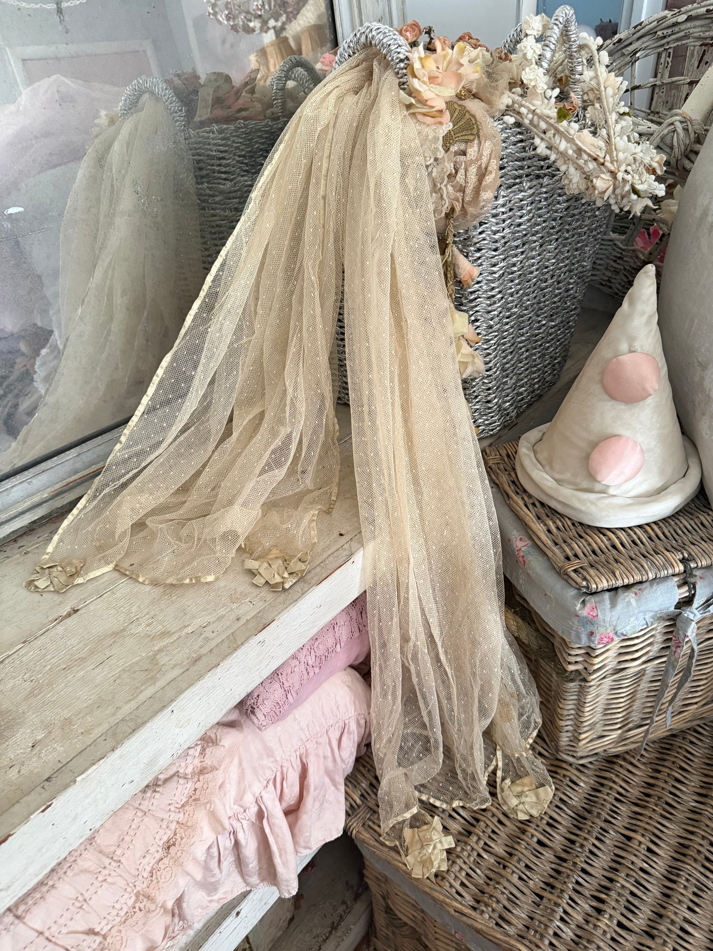 Antique Ice Green Silk Ribbon Bows Lace Baby Crib Blanket