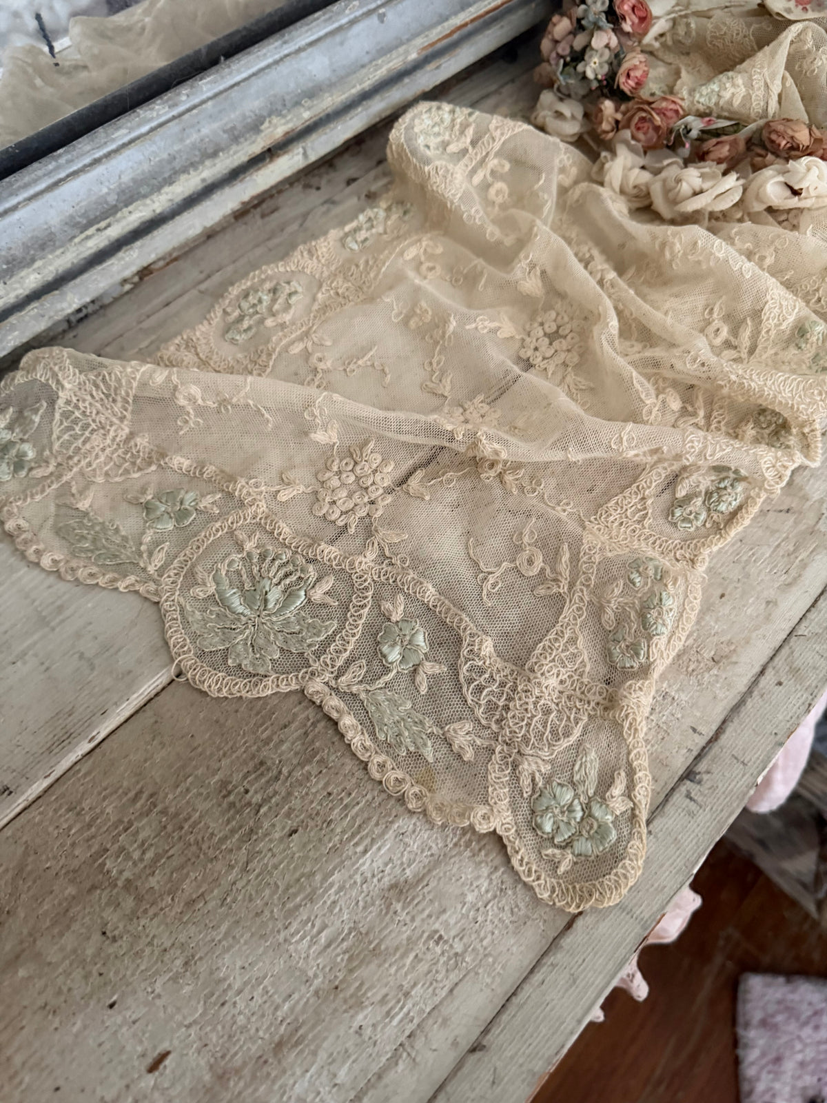 Antique Romantic Ivory Blue Embroidered Lace Runner