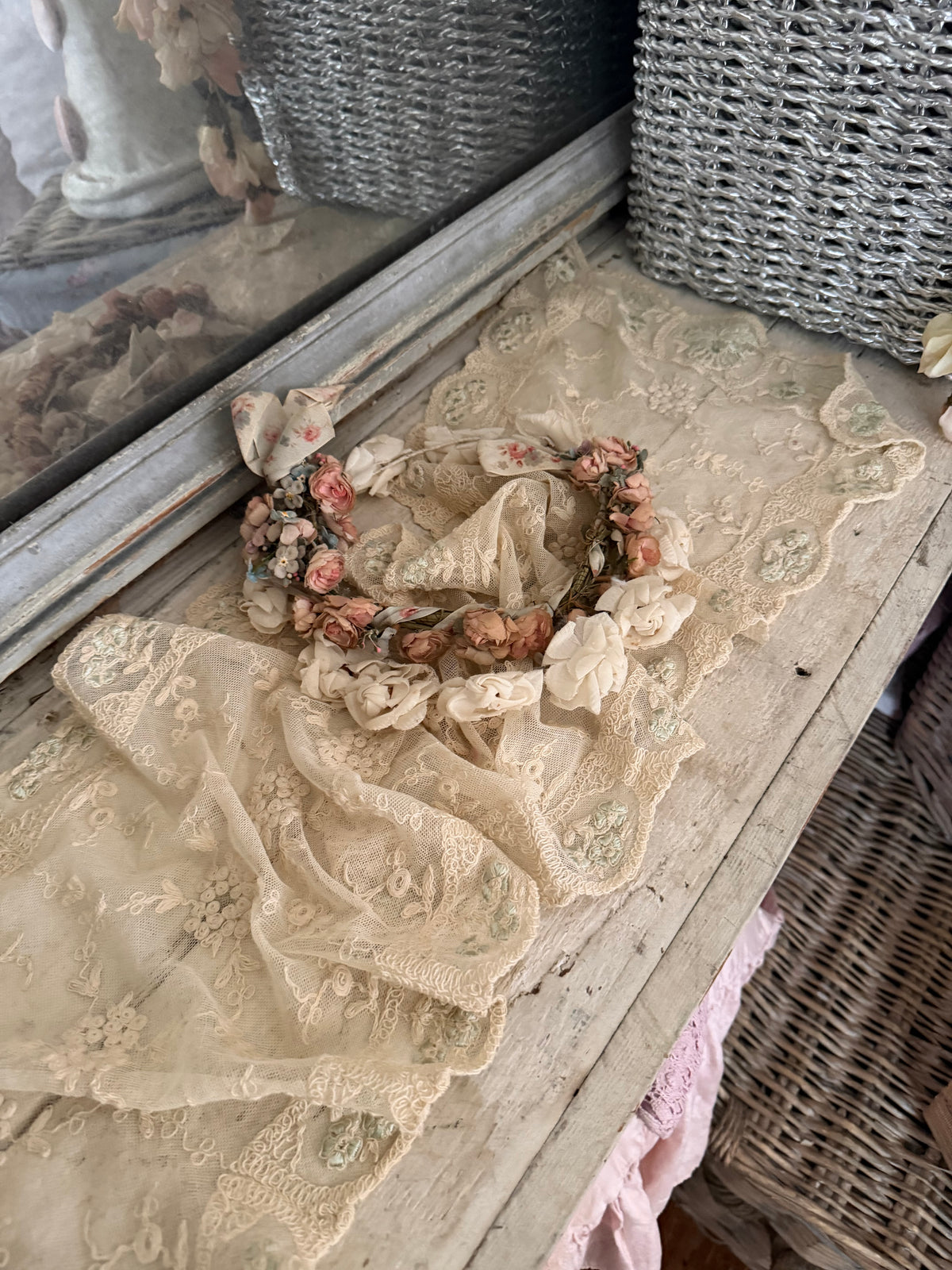 Antique Romantic Ivory Blue Embroidered Lace Runner