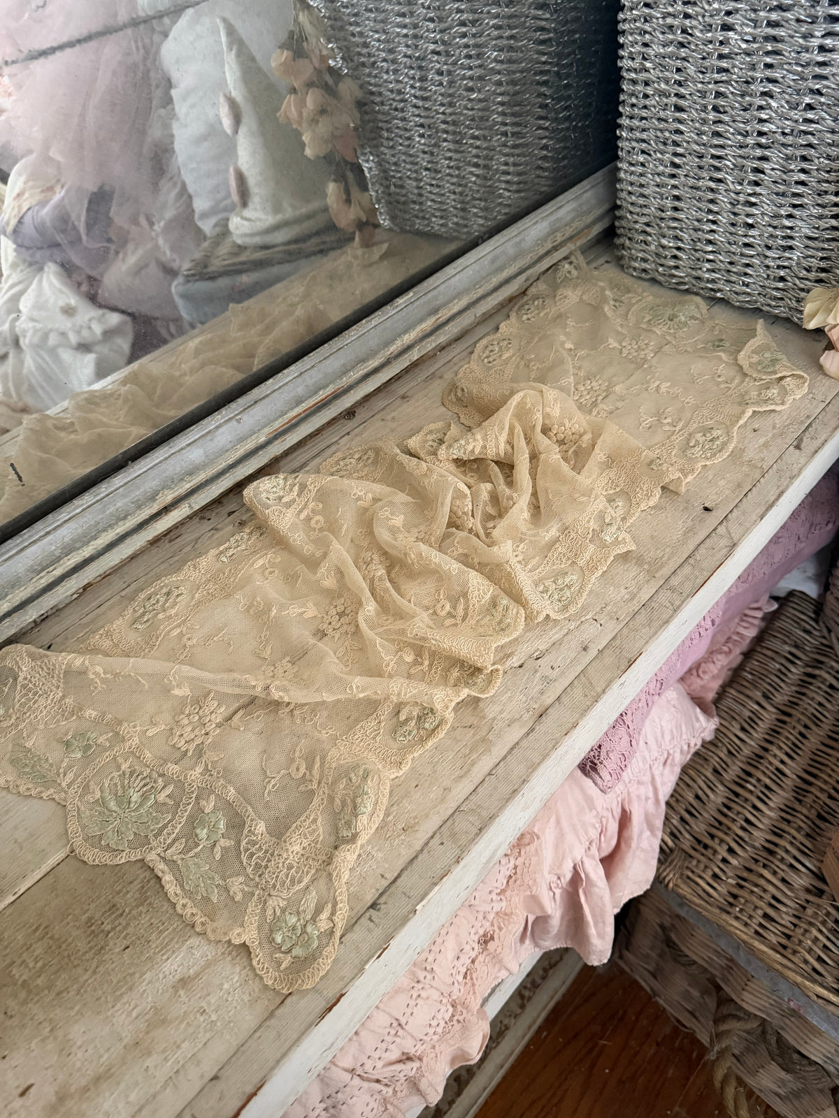 Antique Romantic Ivory Blue Embroidered Lace Runner