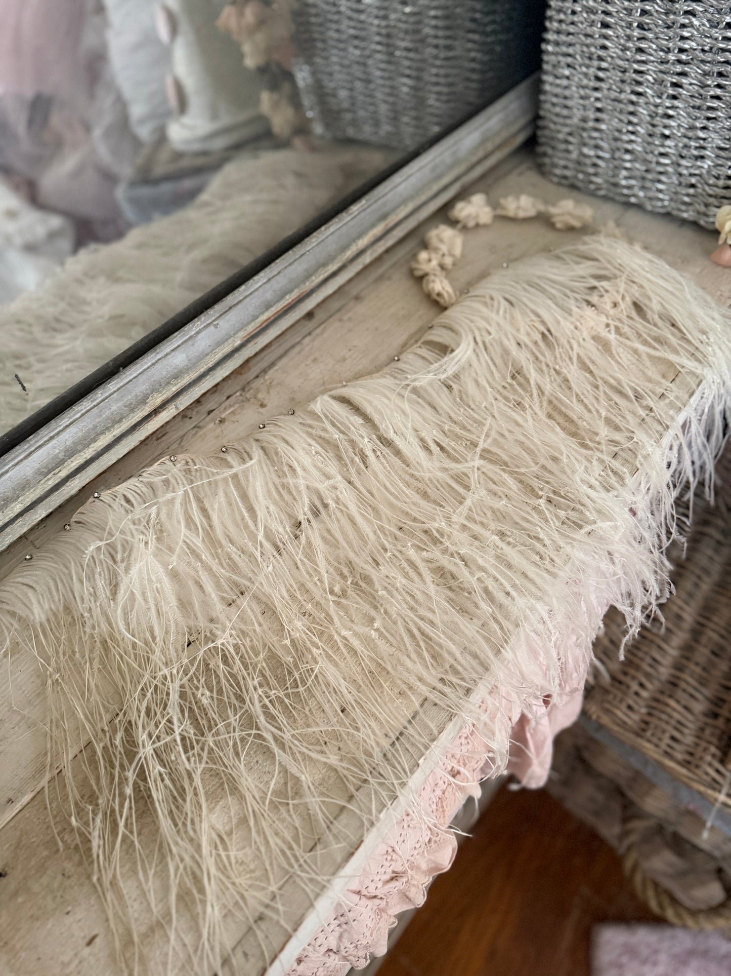 Antique White Ostrich Feather Rhinestone Costume Trim