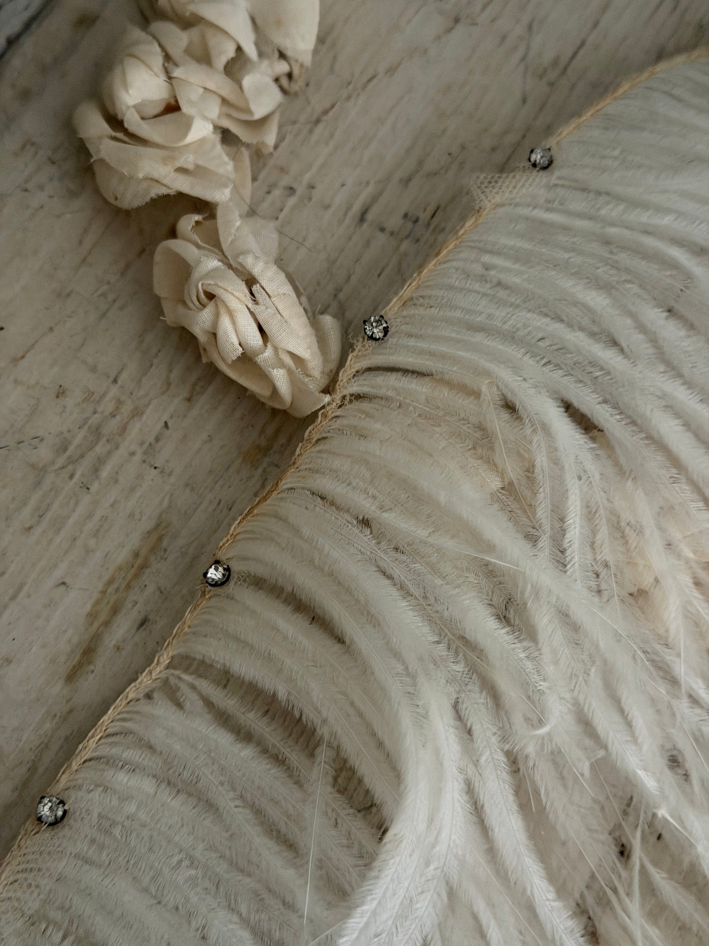 Antique White Ostrich Feather Rhinestone Costume Trim