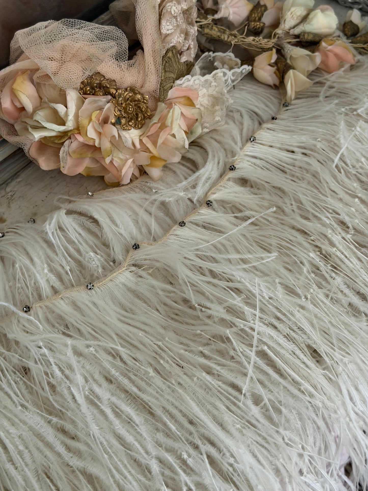 Antique White Ostrich Feather Rhinestone Costume Trim