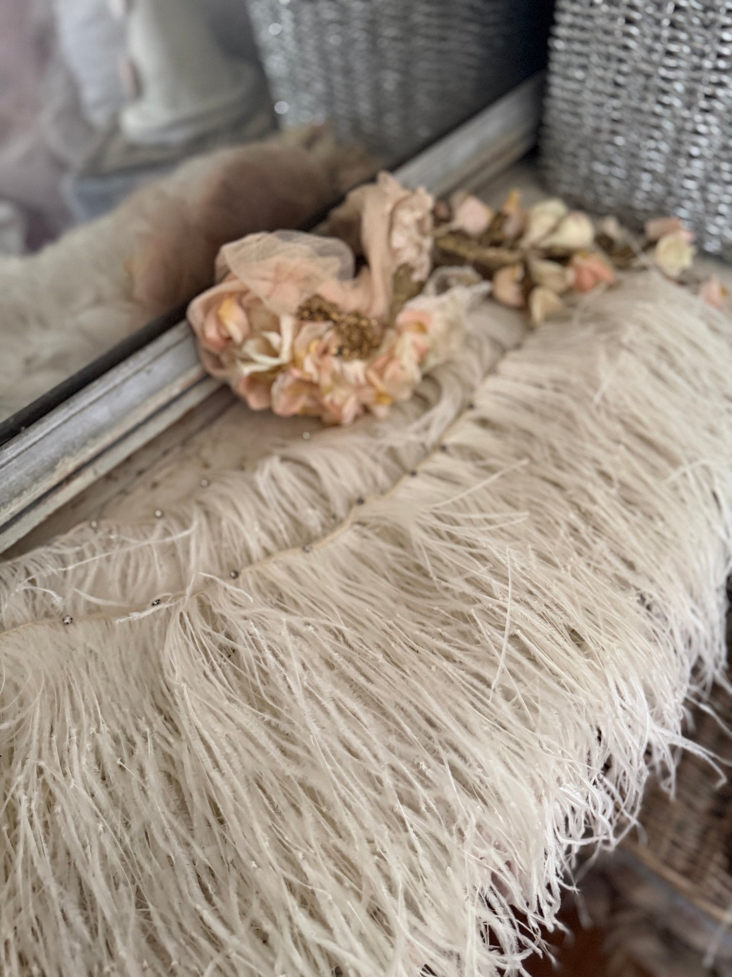 Antique White Ostrich Feather Rhinestone Costume Trim