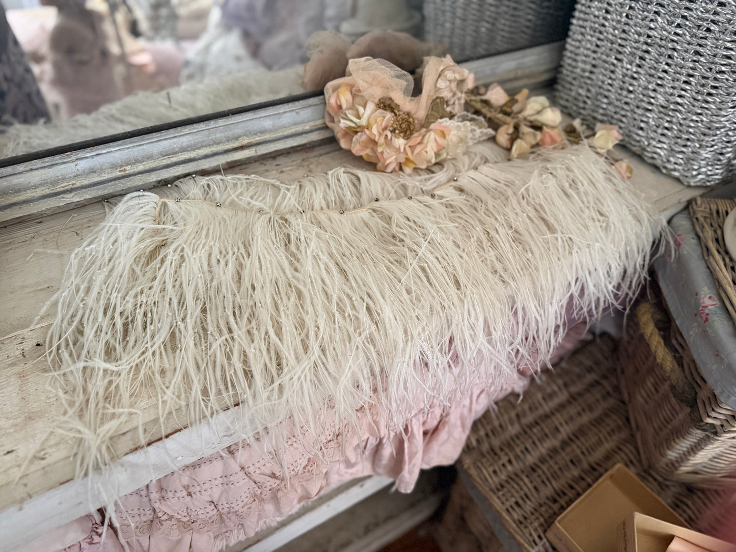 Antique White Ostrich Feather Rhinestone Costume Trim