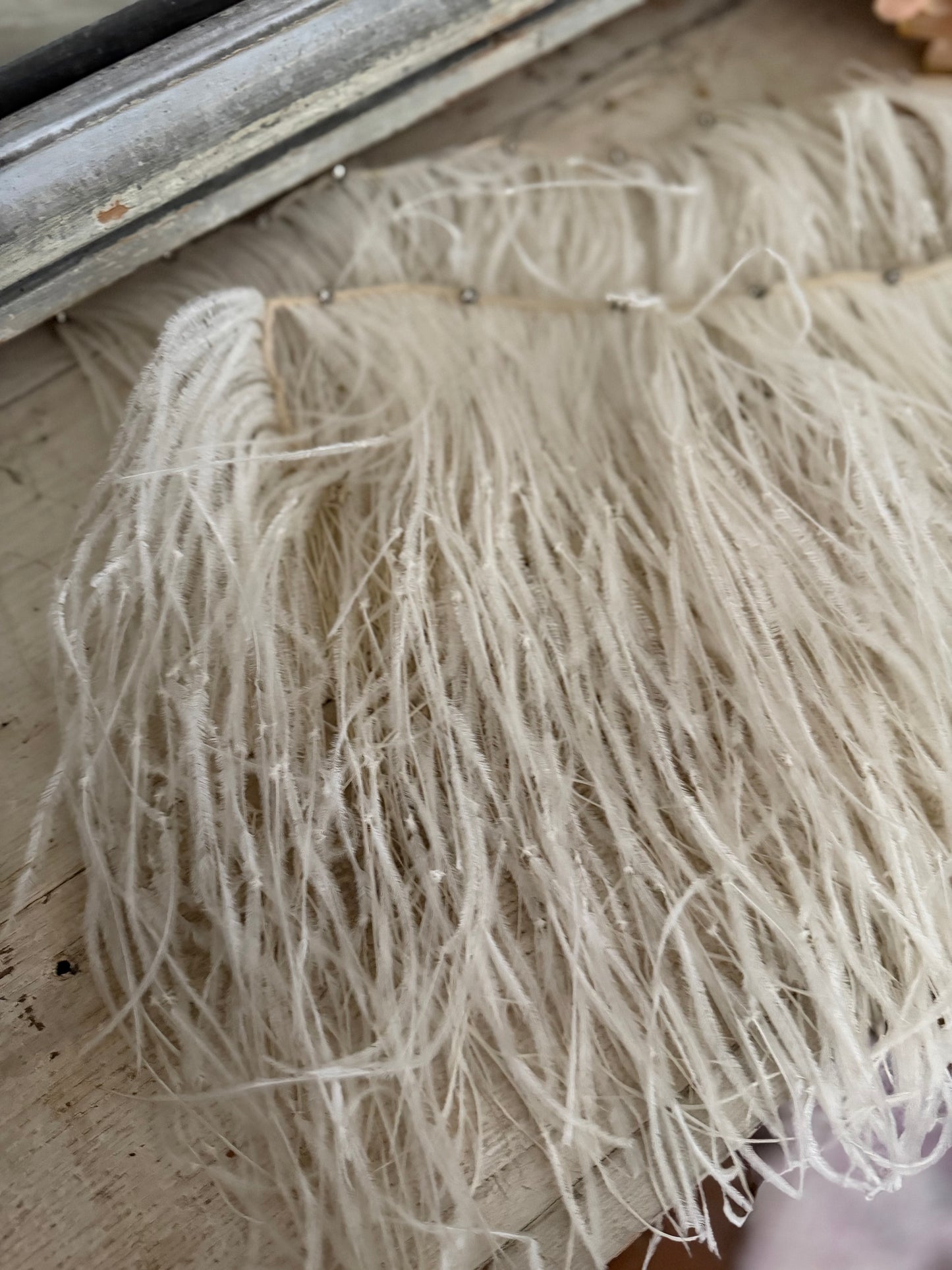 Antique White Ostrich Feather Rhinestone Costume Trim